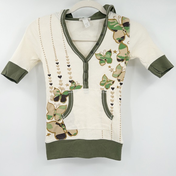 Limited Too Girls Y2K Twilight Camo Butterfly Hooded Ribbed Henley Top Size 10 - Picture 1 of 6